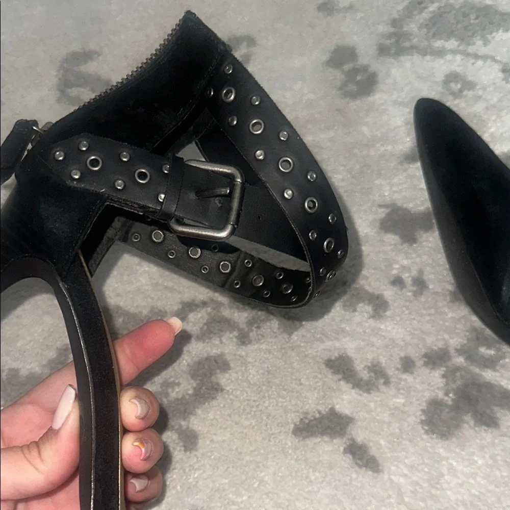 Joe’s Jeans black suede pointy closed toe ankle strap Betty heels